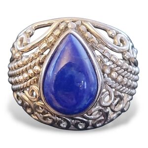 Vintage Sterling Silver Lapis Lazuli Filigree Cocktail Ring | Boho Statement